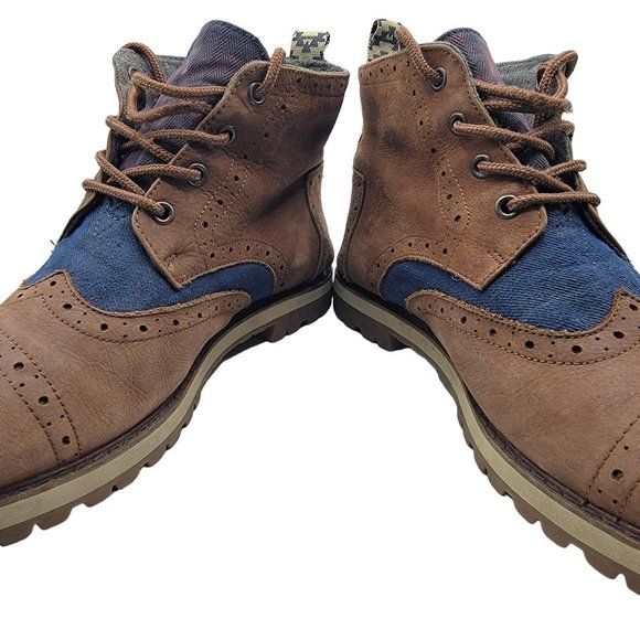 Toms Brogue Boots Mens 9 Vibram Soles Chestnut Brown Leather Navy Herringbone main image 7